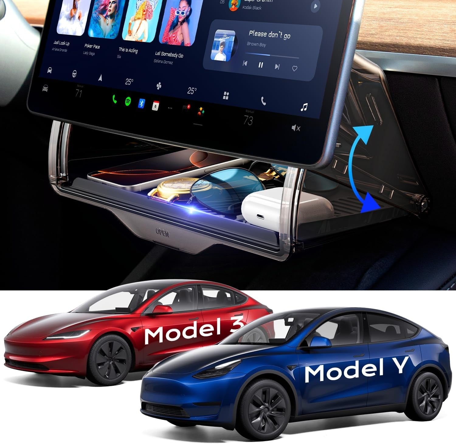 Hidden Under Screen Storage Organizer for Tesla Model Y Juniper & Model 3 Highland