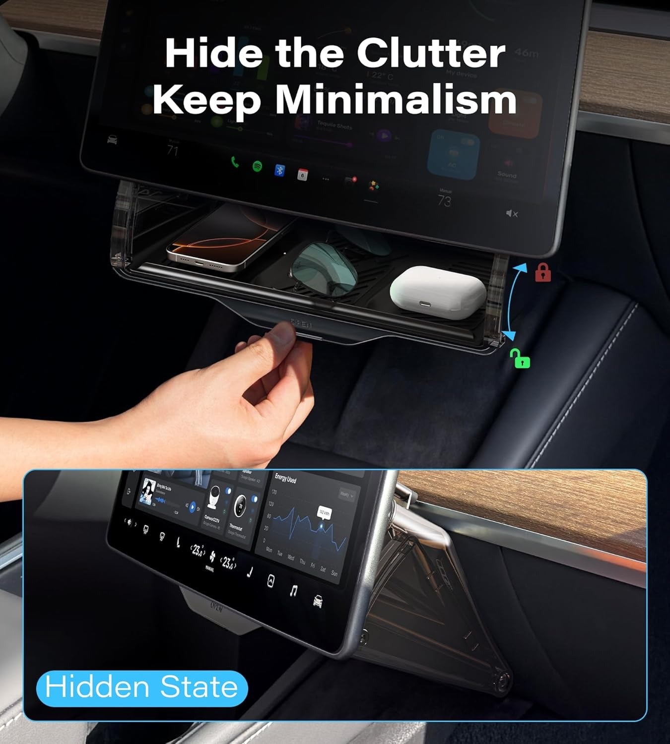 Hidden Under Screen Storage Organizer for Tesla Model Y Juniper & Model 3 Highland