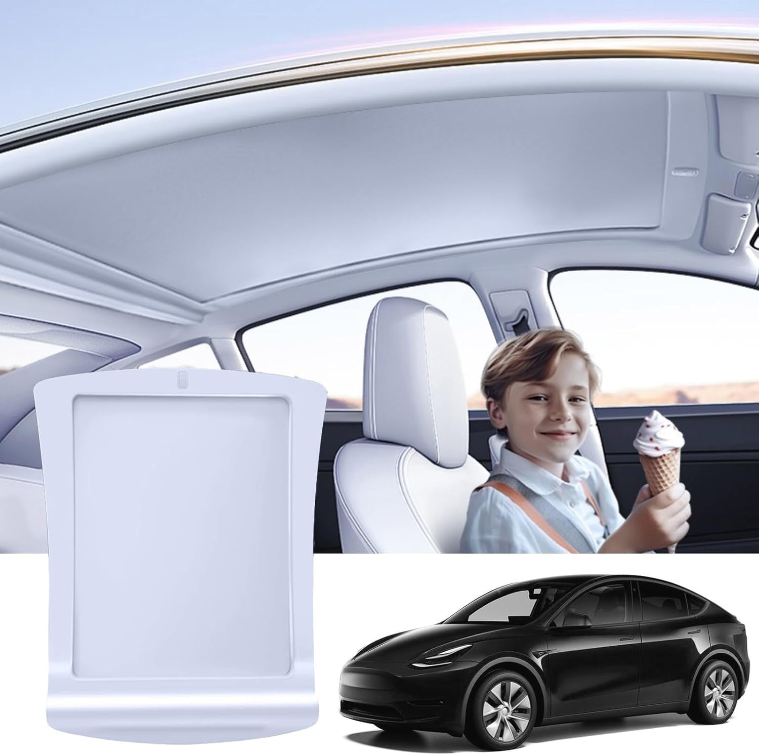 Electric Sunshade Roof for Tesla Model Y, Retractable Sunshade Roof Heat Insulation Glass Roof for Tesla Model Y 2019~2024, 5 Layer 99.9% UV Protection, Tesla Interior Gray Hidden Wires
