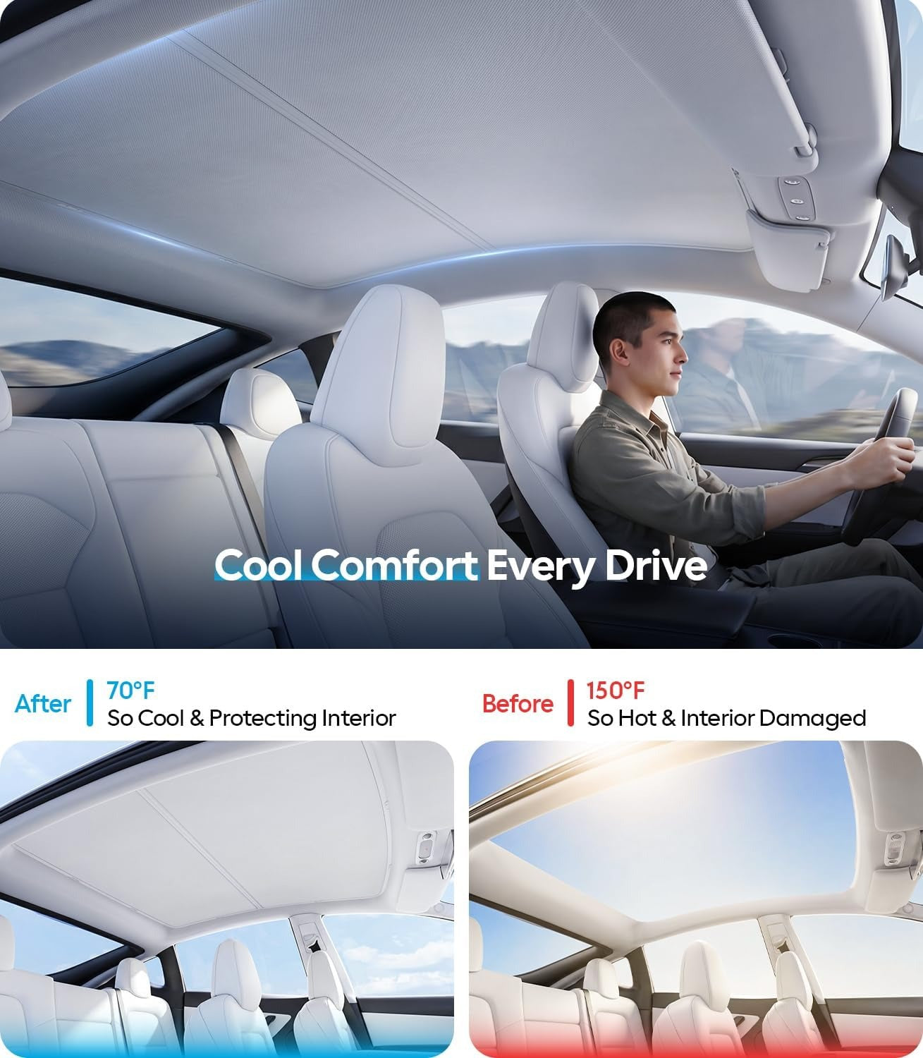 Tesla Model Y Sunshade Roof [Never Sag, Nano Ice-Crystal Coatings] 3-Gen Heat Insulation Glass Roof Sun Shade, Accessories for Tesla Model Y 2020~2025, Tesla Interior Gray
