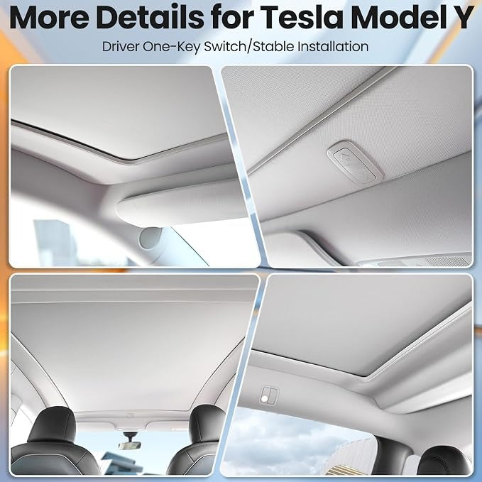 Electric Sunshade Roof for Tesla Model Y, Retractable Sunshade Roof Heat Insulation Glass Roof for Tesla Model Y 2019~2024, 5 Layer 99.9% UV Protection, Tesla Interior Gray Hidden Wires