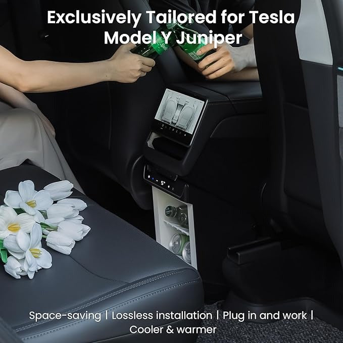 Car Refrigerator for Tesla Model Y Juniper, Rear Center Console Fridge for Model Y 2026~2025, Cooler & Warmer, Portable Freezer for Camping Commuting Sports & Traveling