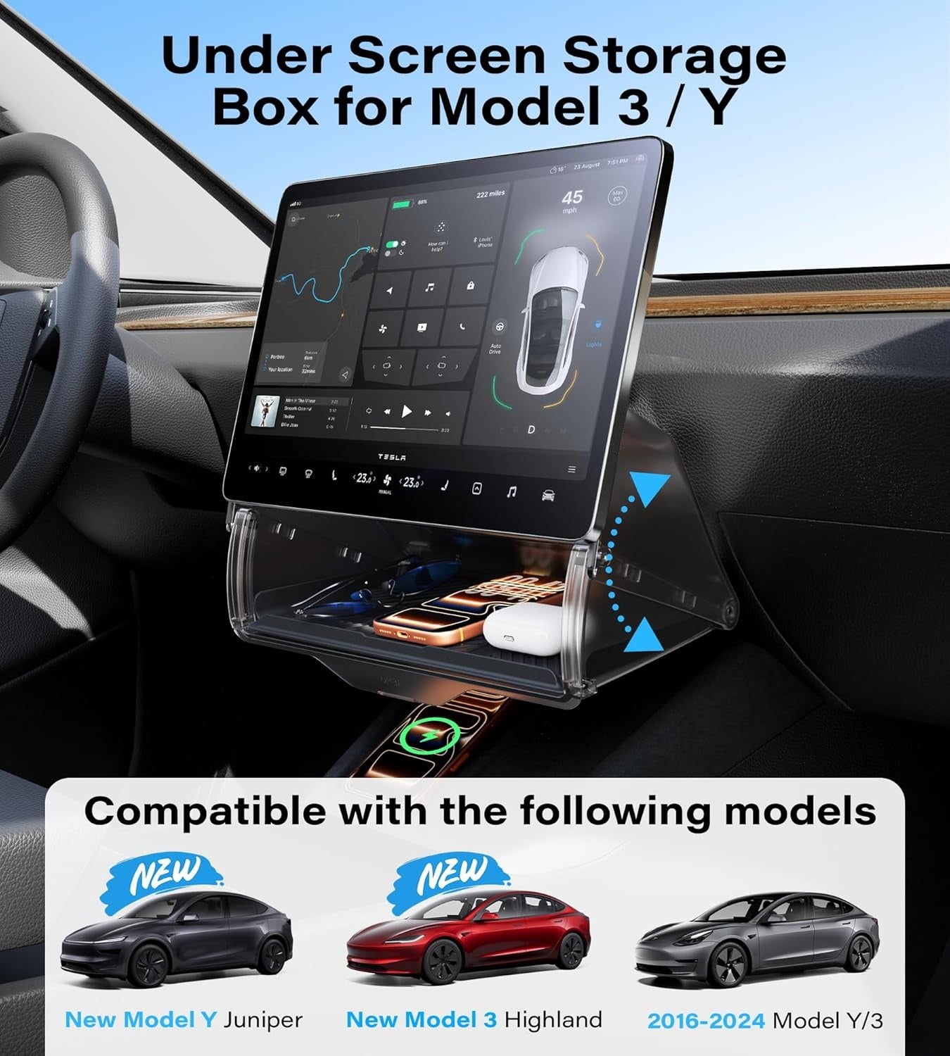 Hidden Under Screen Storage Organizer for Tesla Model Y Juniper & Model 3 Highland
