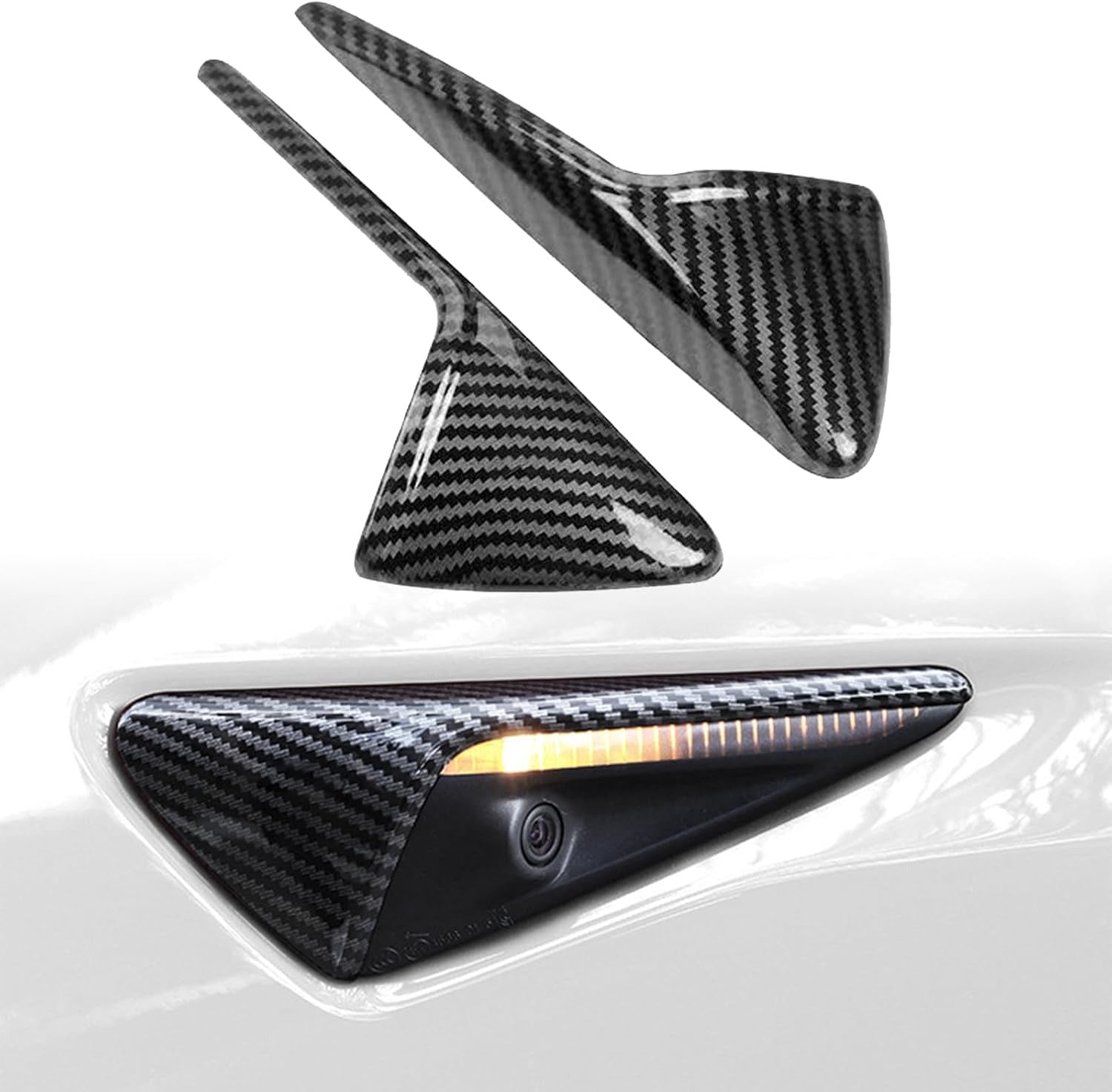 Tesla Side Camera Protection Covers | Glossy Carbon Fiber Finish for Model Y Juniper (2025–2026) & Model 3 Highland (2024–2026)
