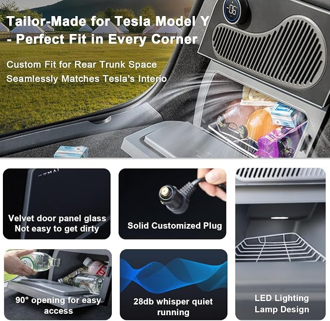 Car Refrigerator for Tesla Model Y 21-24, Model Y Junpier 2025+ 16L/17L Capacity Trunk Car Fridge, -6°C Cooling, Portable Freezer Cooler for Camping, Outdoor Driving